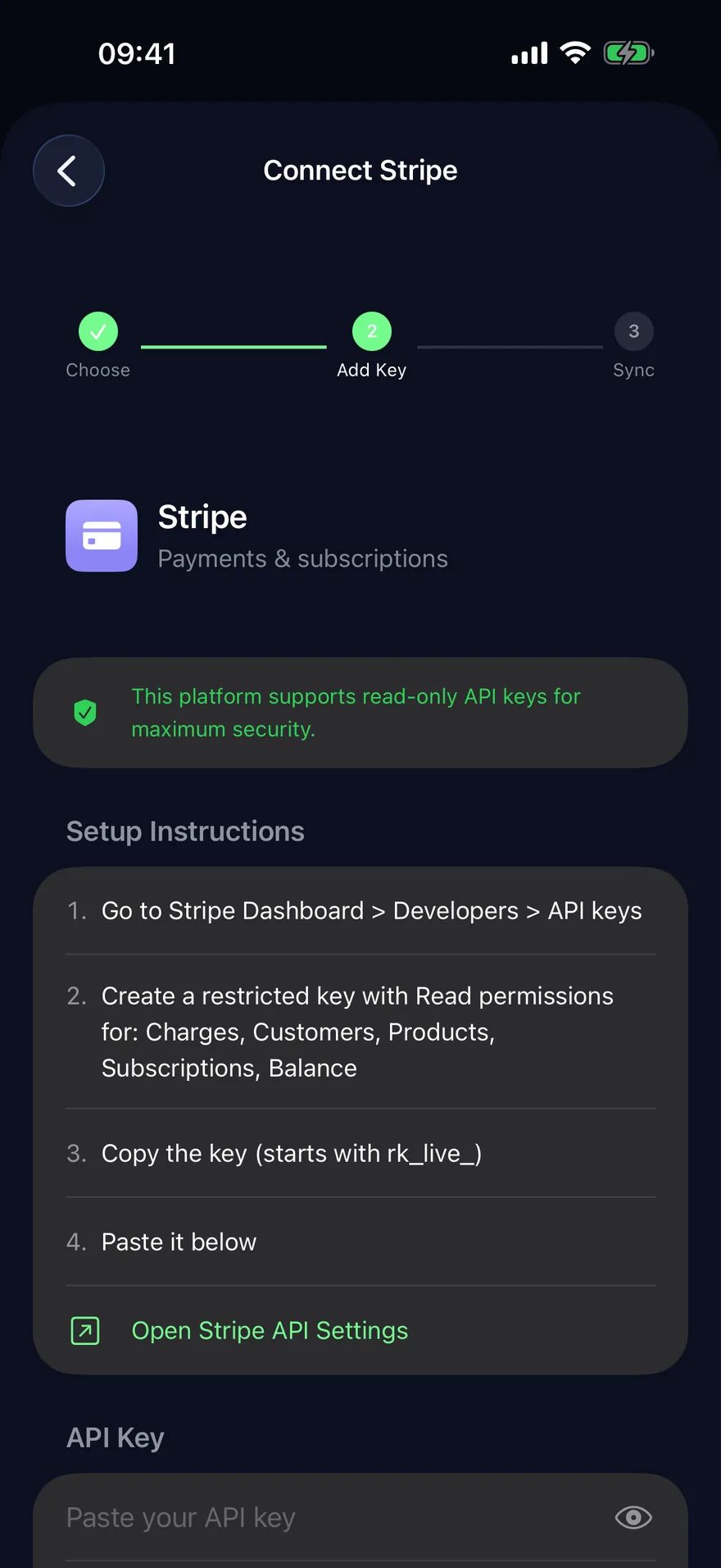 The Connect Stripe screen: four setup steps, a link to Stripe’s API settings, and a field to paste the key