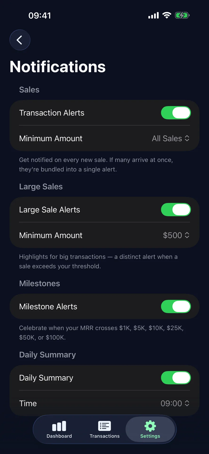 TapRev notification settings: transaction alerts, large sale alerts with a $500 threshold, milestone alerts and a daily summary at 09:00