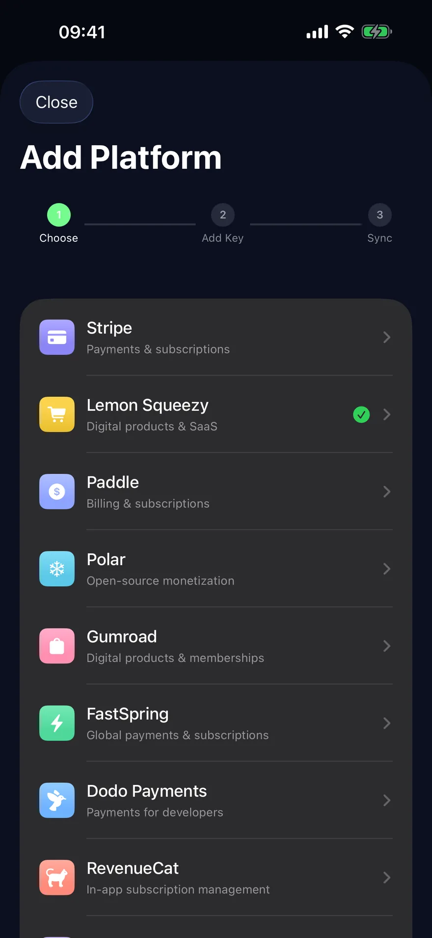 The Add Platform screen listing Stripe, Lemon Squeezy, Paddle, Polar, Gumroad, FastSpring, Dodo Payments, RevenueCat and Adapty